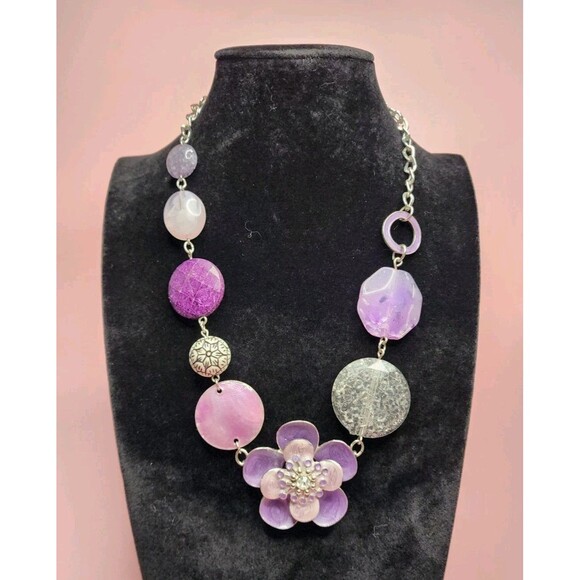 VINTAGE 90'S PURPLE NY ENAMEL FLOWER NECKLACE RHINESTONE SILVER TONE MIXED MEDIA - Picture 1 of 8